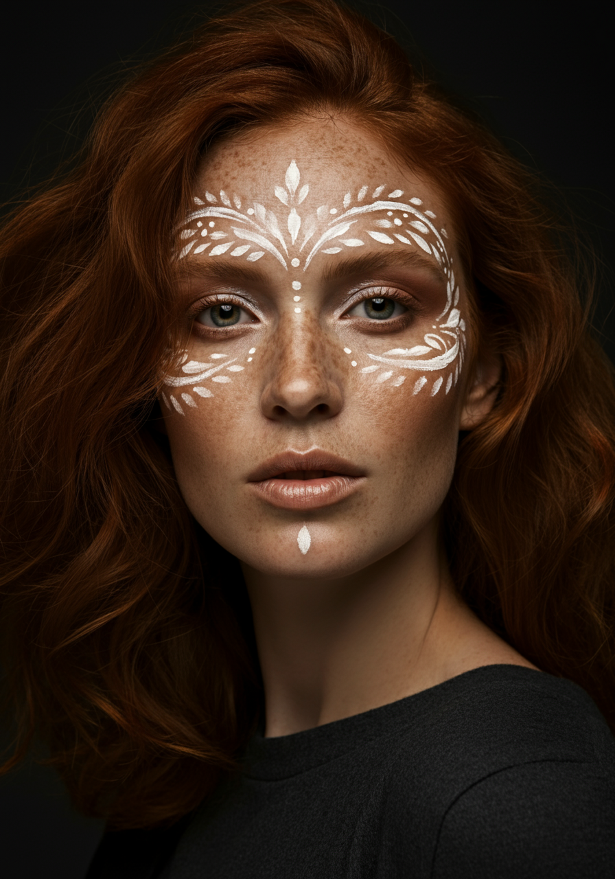 Тёмный портрет рыжей девушки с белыми татуировками на лице