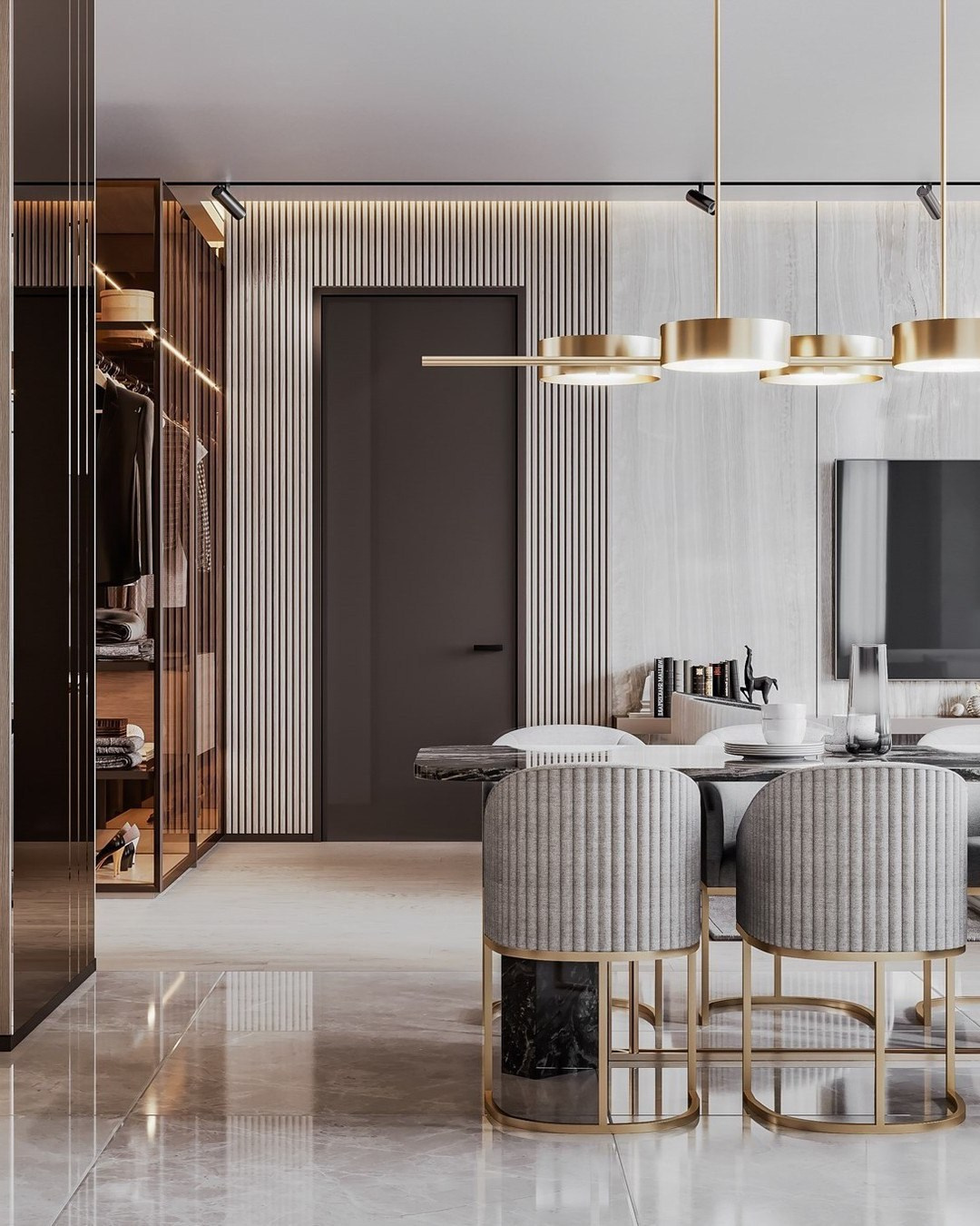 Столовая зона с мраморным столом и бархатными стульями на золотом основании | Валерия Котович