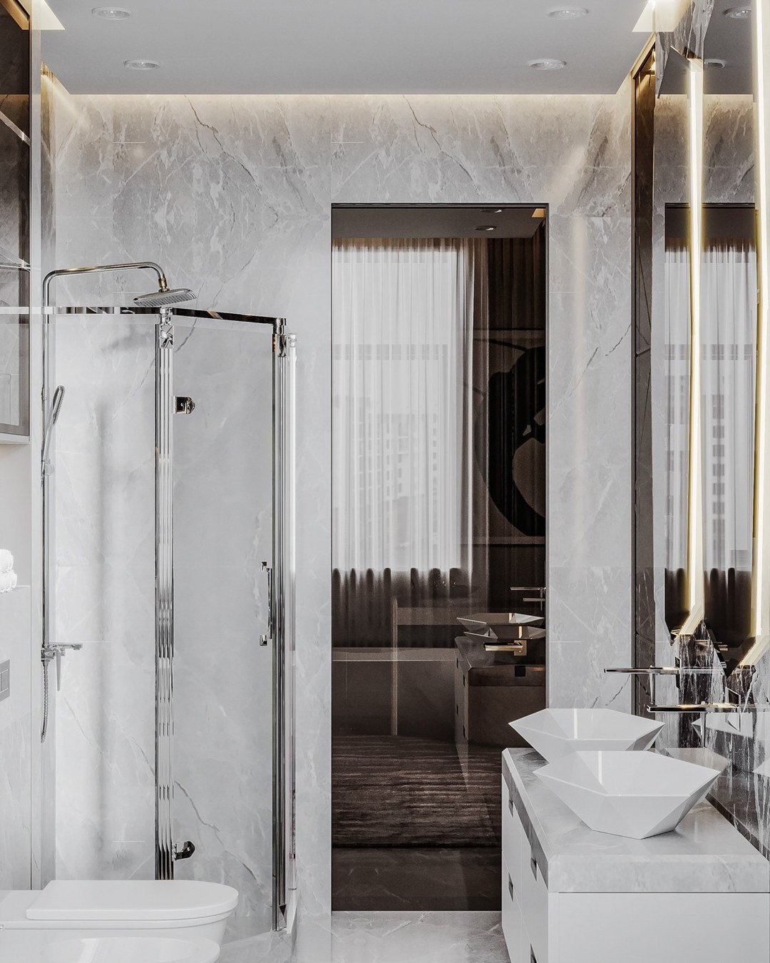 Ванная комната с душевой кабиной и двумя раковинами в мраморной отделке | Валерия Котович
