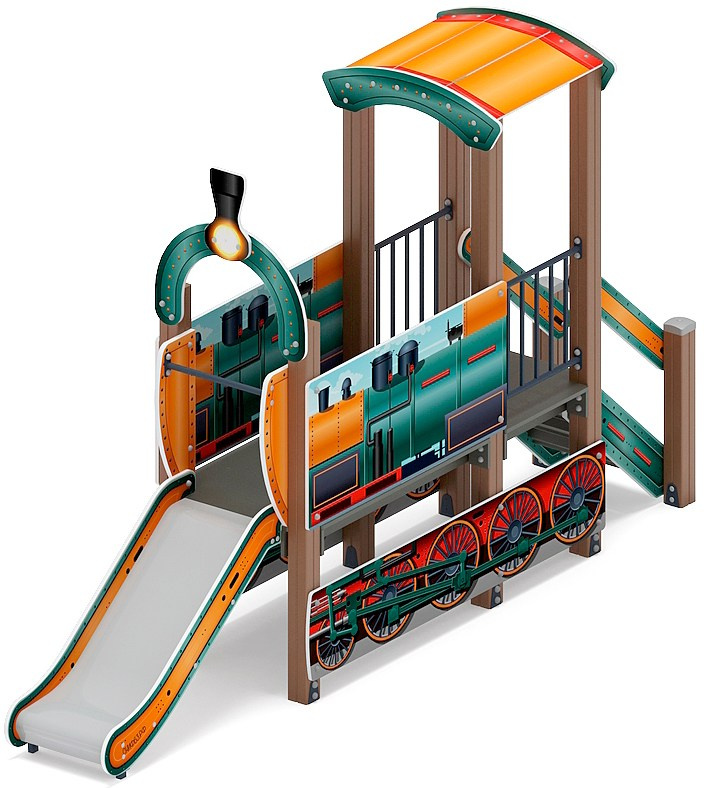 Паровозик (цветной) мини - ДИК 1.03.5.01-17 - Игровой комплекс H=750                                                                                                                          Габариты (ШхДхВ): 3980x930x2320                                                                                                                                                                     Зона безопасности, мм: 7480х3930                                                                                                                                                                         Скат горки: H=750 (металлический скат)