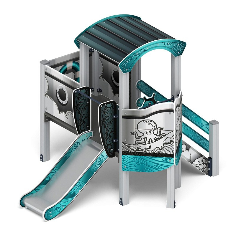 Катерок (Лагуна) - ДИК 1.03.3.01-12 - Игровой комплекс H=750                                                                                                                    Габариты (ШхДхВ): 2410х2890х2220                                                                                                                                                                       Зона безопасности, мм: 5910х6390                                                                                                                                                                         Скат горки: H=750 (металлический скат)