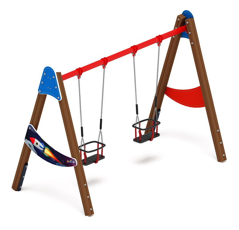 Качели двойные Д2 - ИО 12.Д.04.04.02-И1 - (Космопорт) Габариты (ШхДхВ): 3050x1600x2230 Зона безопасности, мм: 3050х6950 Возрастные ограничения от 3 лет, весом не более 70 кг