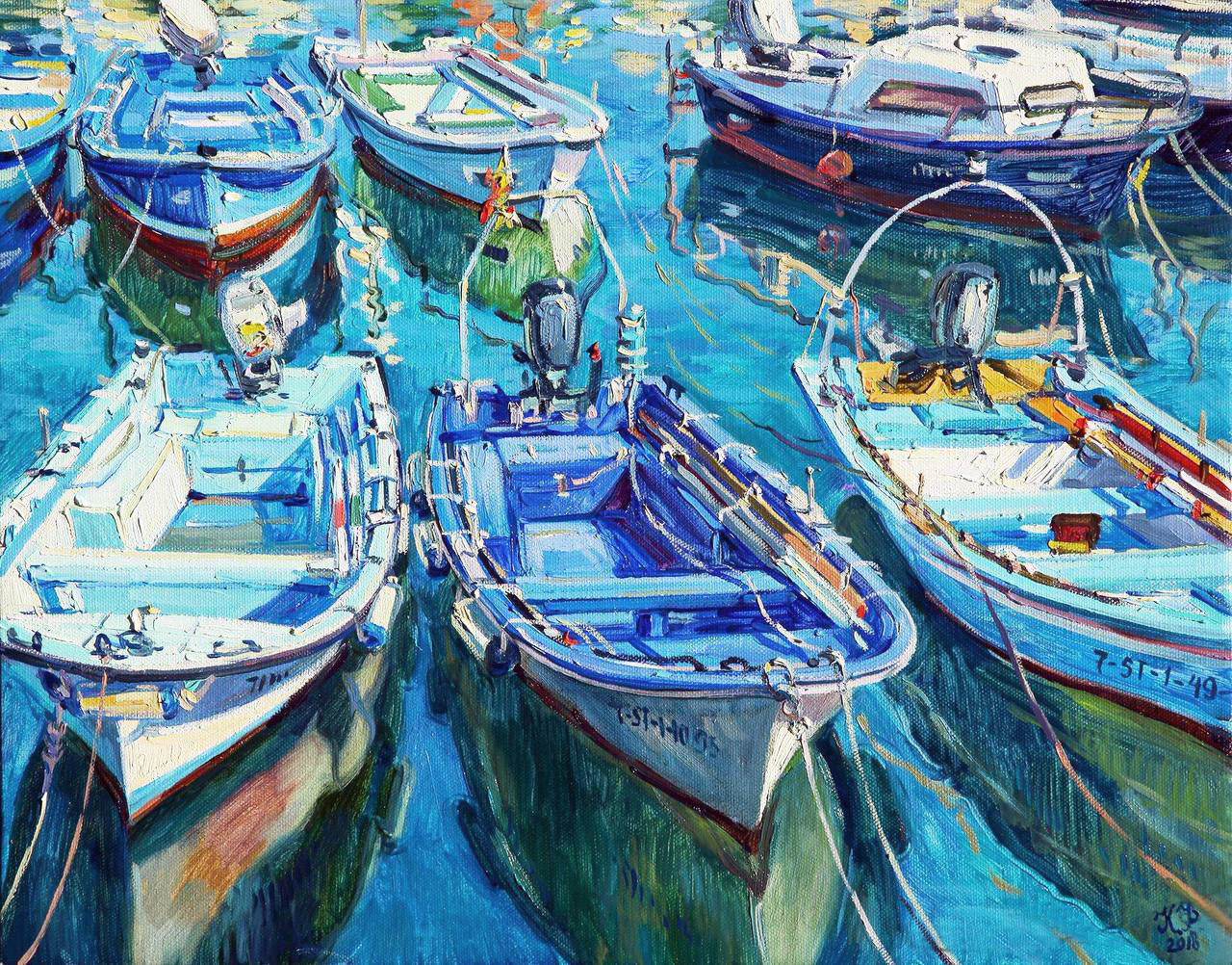 Blue boats looking forward