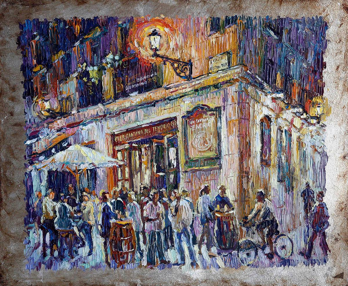 Night landscape with a street corner and bar La Cantina del Tenorio, lively atmosphere.