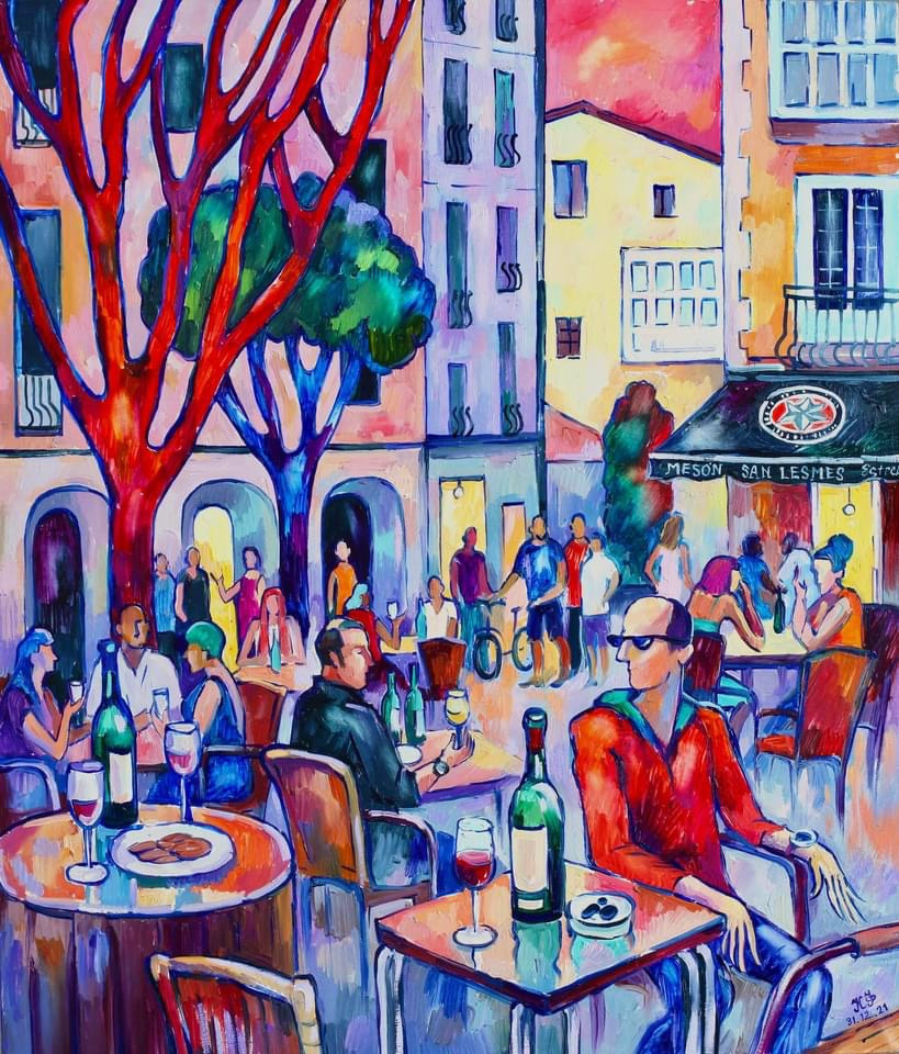 Several single men are drinking wine at a bar in a square in a European city.