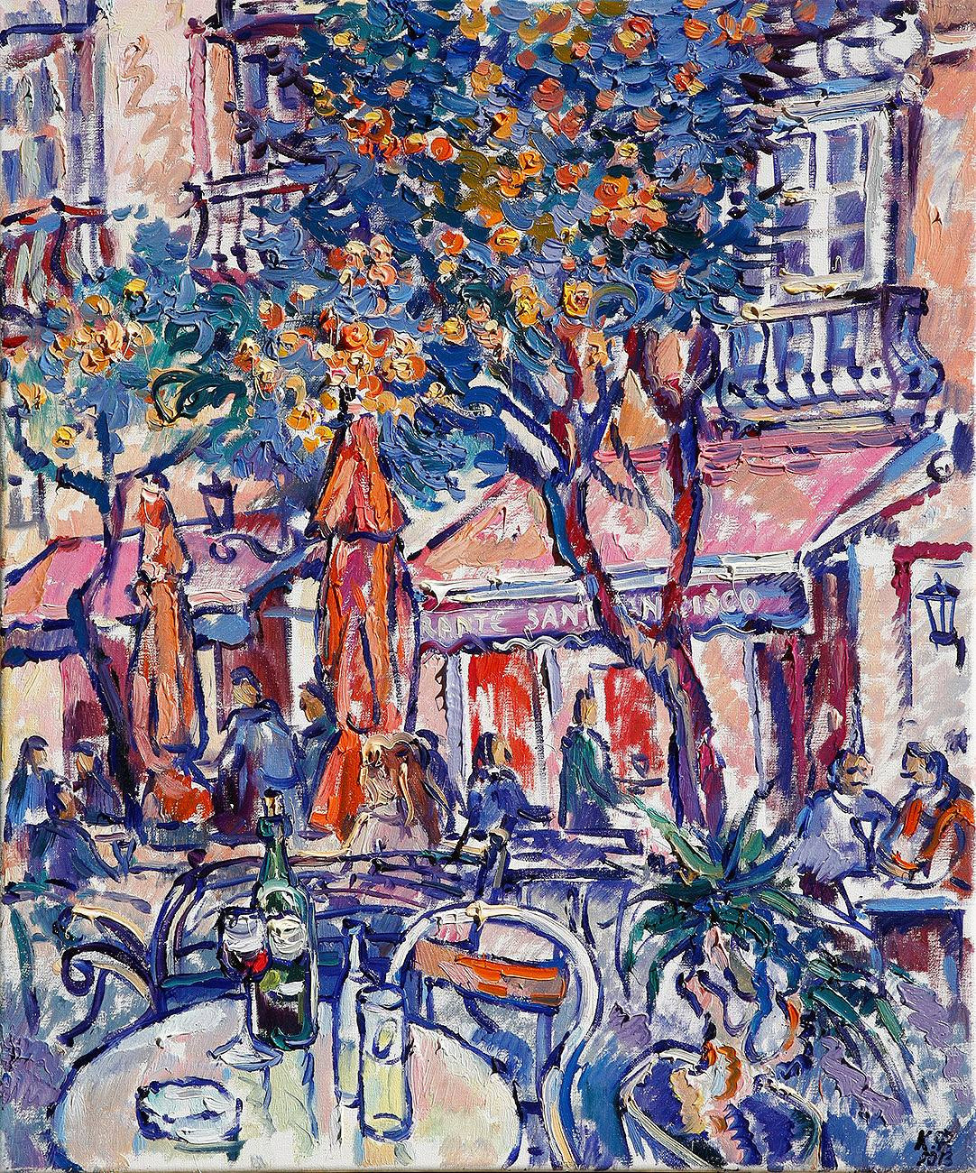 Wine and other drinks on the table of the San Francisco restaurant terrace, orange trees