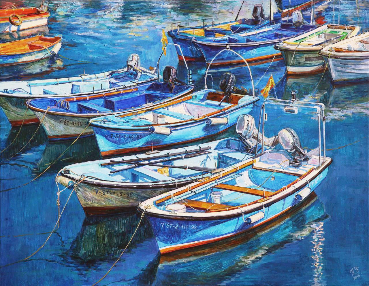 Blue pointed boats in two rows (composition of 8 boats)