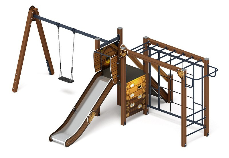 Счастливое детство (ЭКО) - ДИК 2.01.02-02 - Игровой комплекс H=1200                                                                                          Габариты (ШхДхВ): 4080x6340x2500                                                                                                                                                                      Зона безопасности, мм: 8110х7840                                                                                                                                                                     Скат горки: H=1200 (металлический скат)