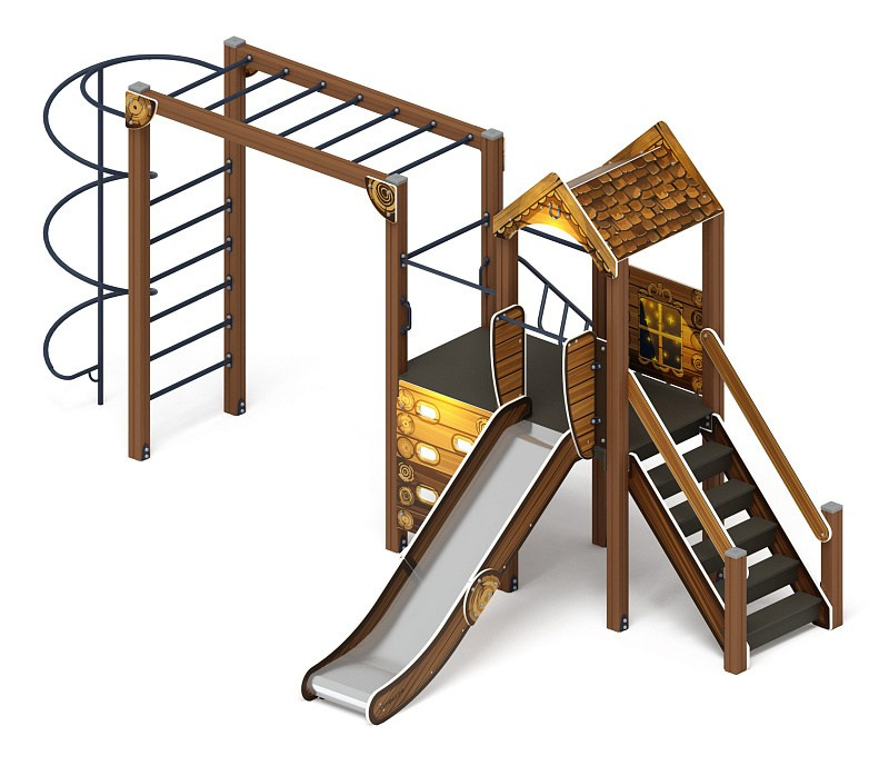 Играйте с нами (ЭКО) - ДИК 2.01.1.08-02 - Игровой комплекс H=1200                                                                                          Габариты (ШхДхВ): 5970x4260x3000                                                                                                                                                                     Зона безопасности, мм: 8970х7760                                                                                                                                                                        Скат горки: H=1200 (металлический скат)                                                                                                                                           Возрастные ограничения от 5 до 12 лет