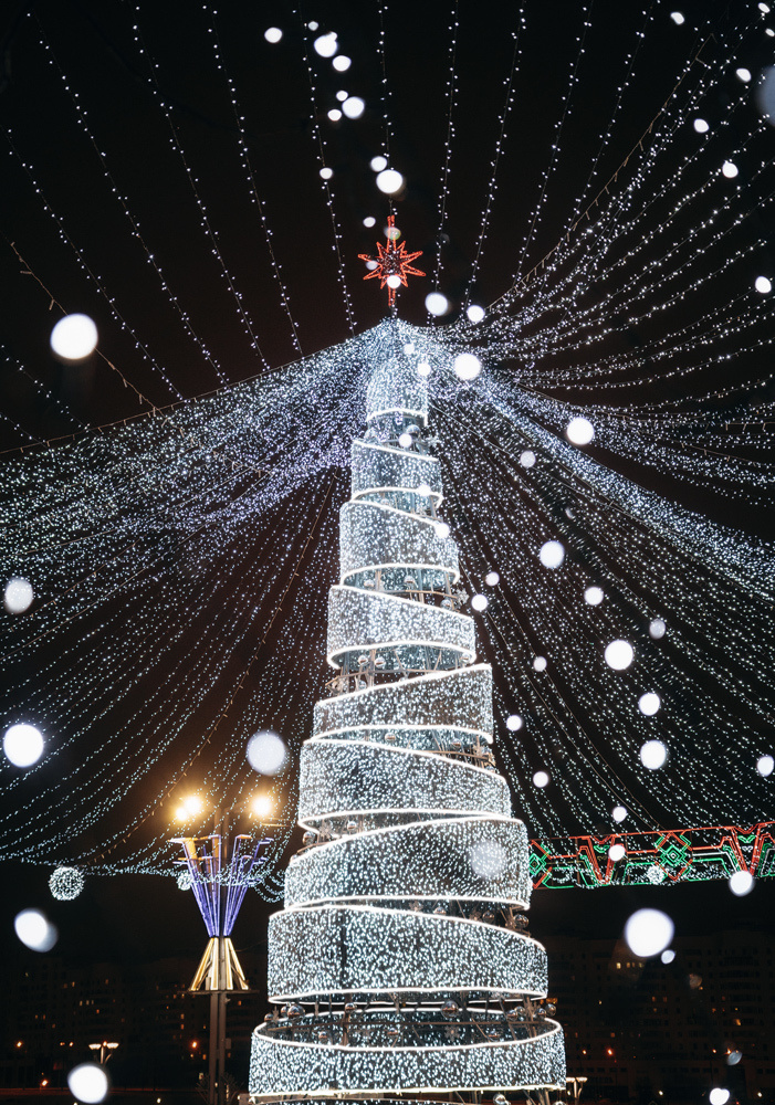 Minsk, Belarus. The Christmas tree 2019 at Pobediteley avenue.