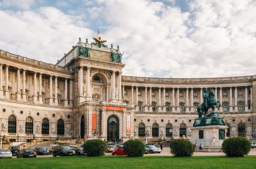 Vienna, Austria. The Monument of Prince Eugene of Savoy in front of Neue Burg or New Castle of Hofburg Palace.