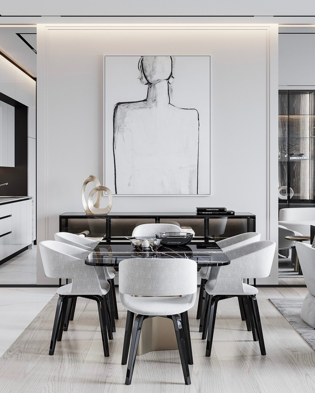 Современная столовая с абстрактной картиной и круглым столом — дизайн Валерии Котович