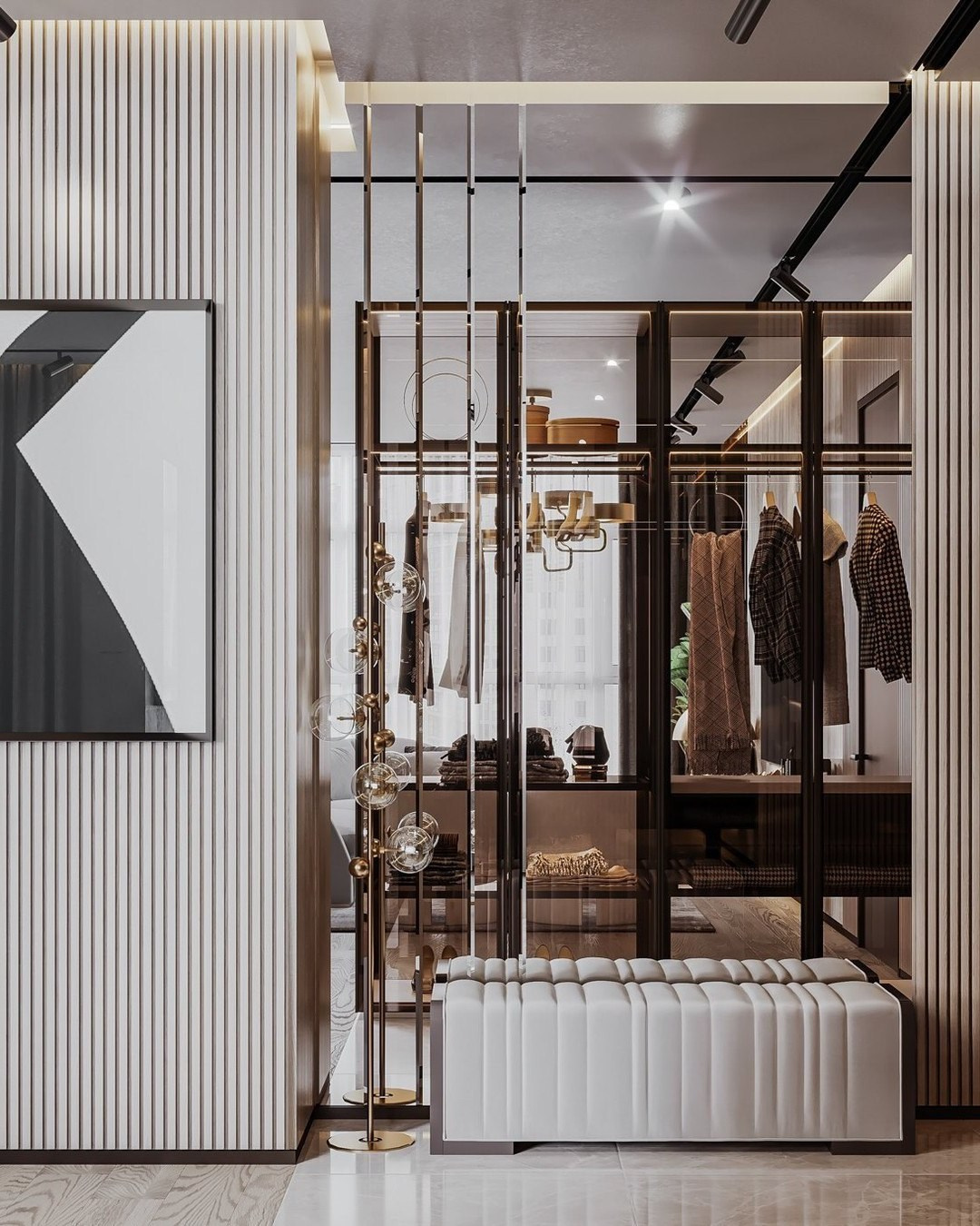 Современная прихожая с зеркальными панелями и стеклянной гардеробной | Валерия Котович