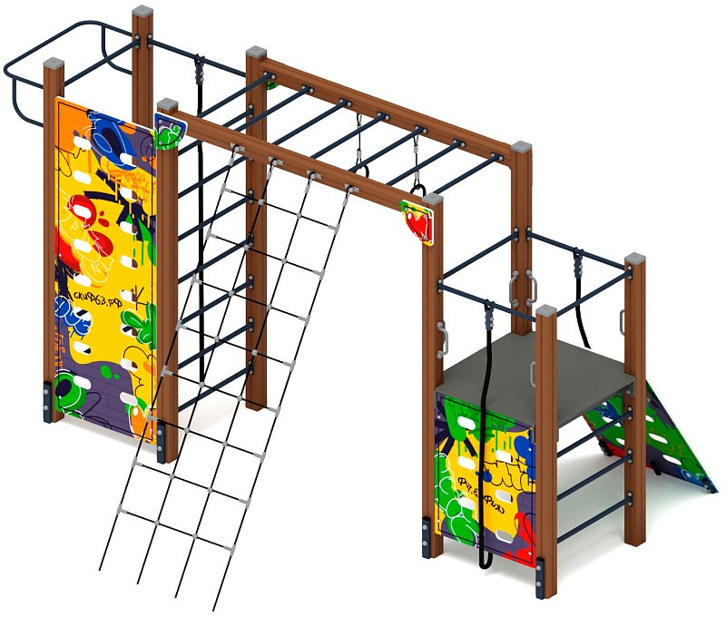Спортивная серия (Граффити) СК 2.01.21-01 Габариты (ШхДхВ): 4410х3200х2500 Зона безопасности, мм: 7410х6200 Возрастные ограничения 5-12 лет
