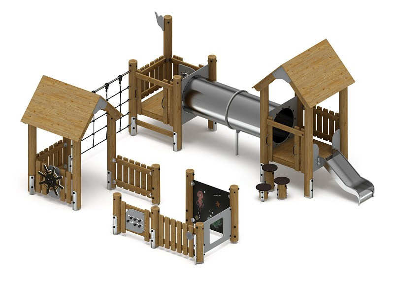 Игровой комплекс (лиственница орех) ДИК 1.24.02-Л.И1.02 Габариты (ШхДхВ): 5600х6200х2900 Зона безопасности, мм: 8600х9200 Высота падения 900 мм. Возрастные ограничения от 3 до 7 лет