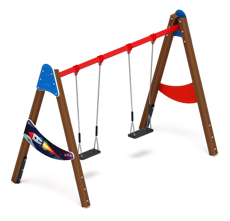 Качели двойные Д2 - ИО 12.Д.03.03.02-П - (Космопорт) Габариты (ШхДхВ): 3050x1600x2230 Зона безопасности, мм: 3050х6950 Возрастные ограничения от 3 лет, весом не более 70 кг