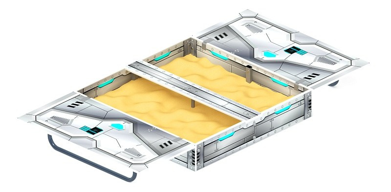 Песочница с крышкой средняя (Техно) - ИО 5.01.11-10 Габариты (ШхДхВ): в закрытом виде 1200х1240х443 в открытом виде 2380х1200х220 Зона безопасности, мм: 3380х2200