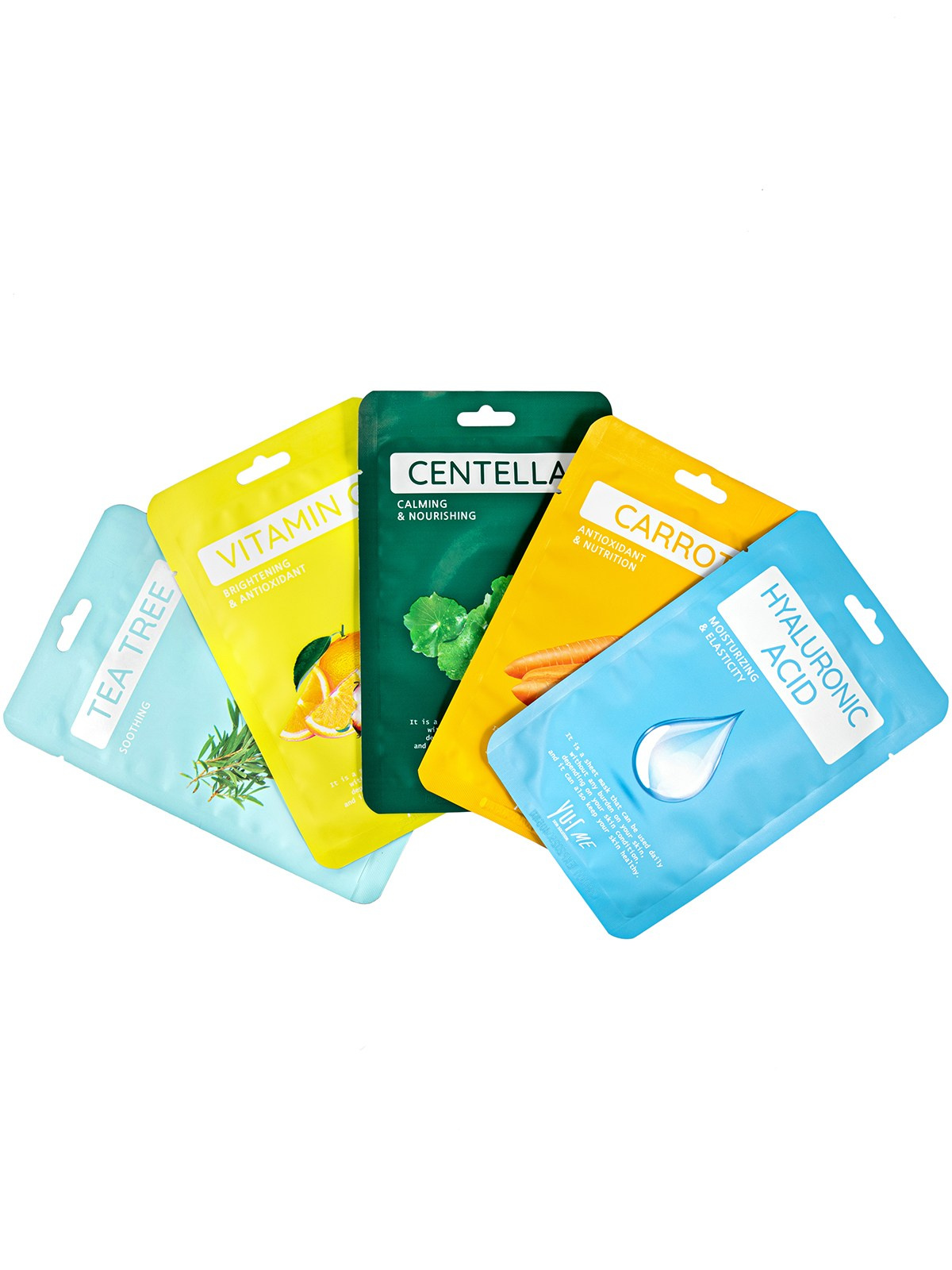 Набор тканевых масок Yu.R Me Sheet Mask — композиция веером, предметная съёмка для карточки корейской косметики