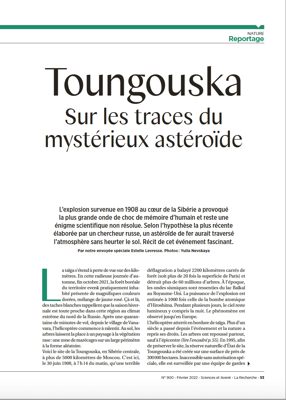 The Tunguska phenomenon for Sciences Et Avenir. Yulia Nevskaya, documentary photographer and photojournalist