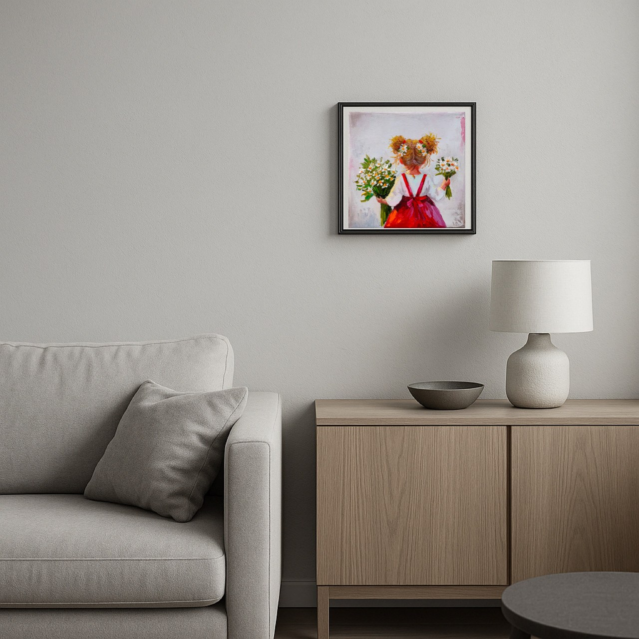 Купить картину маслом на холсте. девочка и ромашки в интерьере