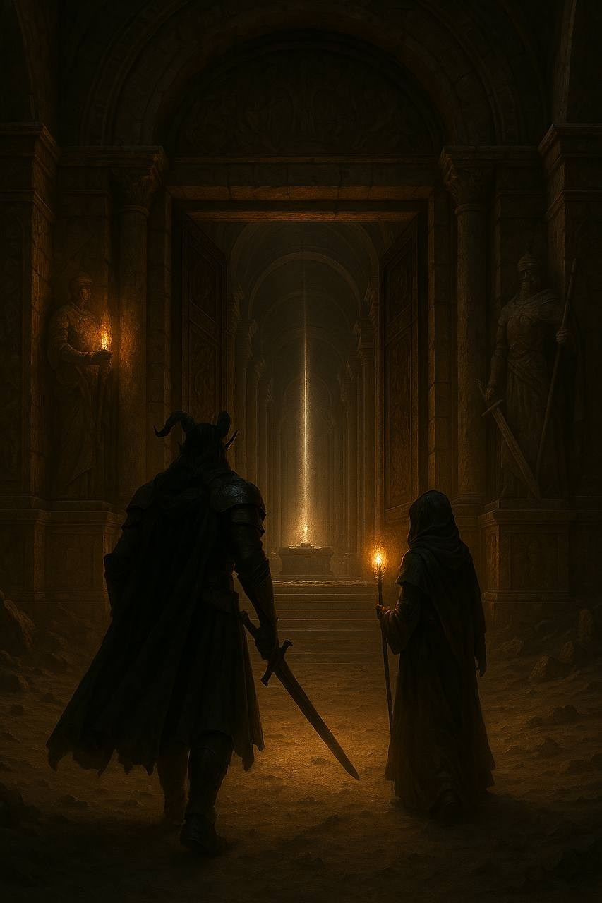 Воин с мечом и магиня входят в таинственный храм, освещённый лучами света.