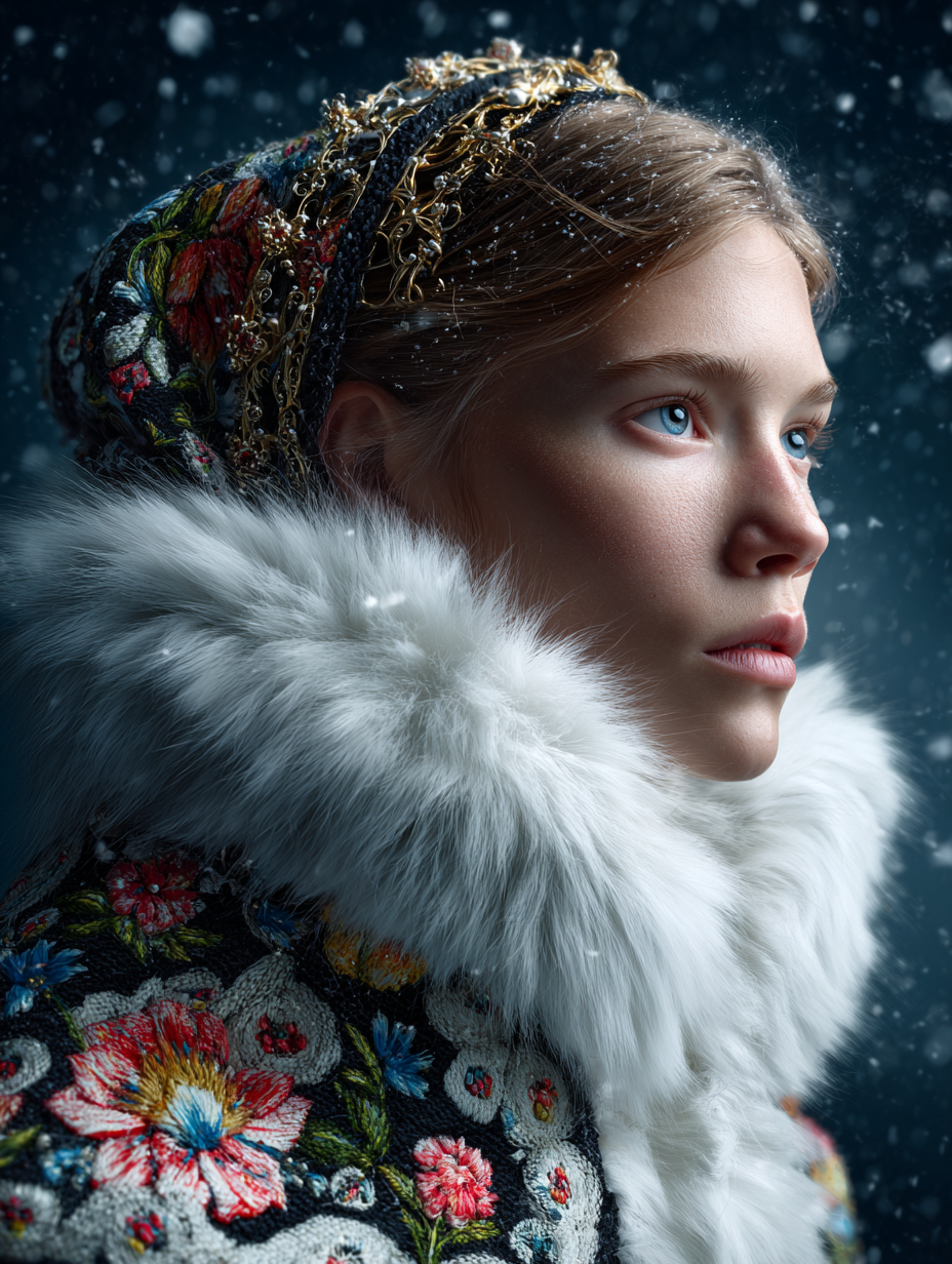 AI художественный портрет в зимнем народном стиле, визуальная концепция Масленицы