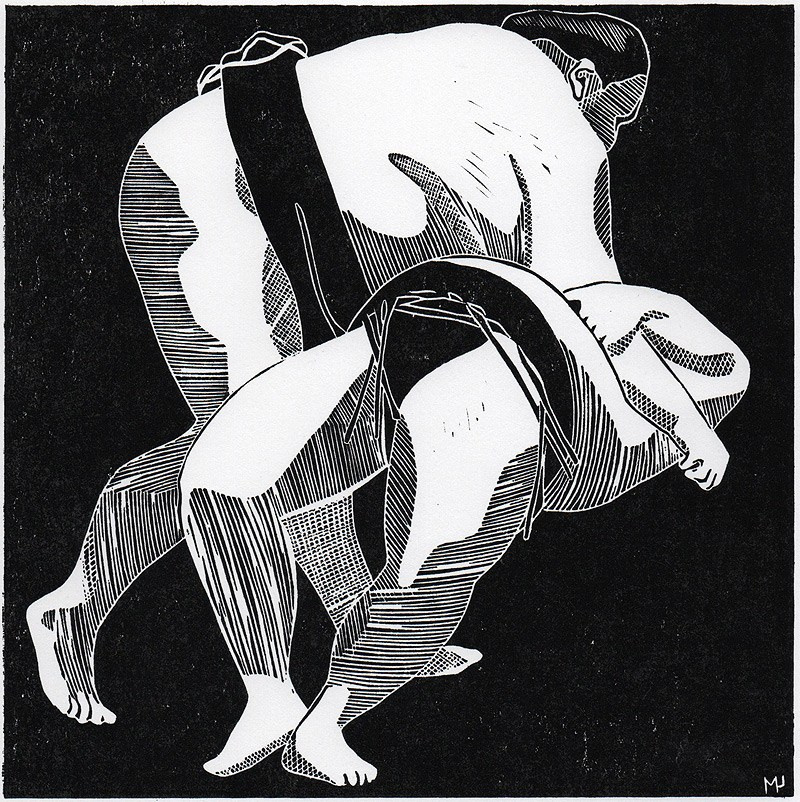 Серия линогравюр Grand Sumo Highlights  по мотивам турниров сумо. Авторская линогравюра, ручная печать на бумаге Ватман Гознак. 大相撲