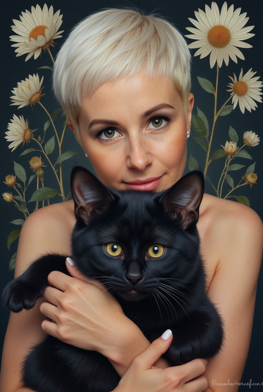 девушка с черным котом 