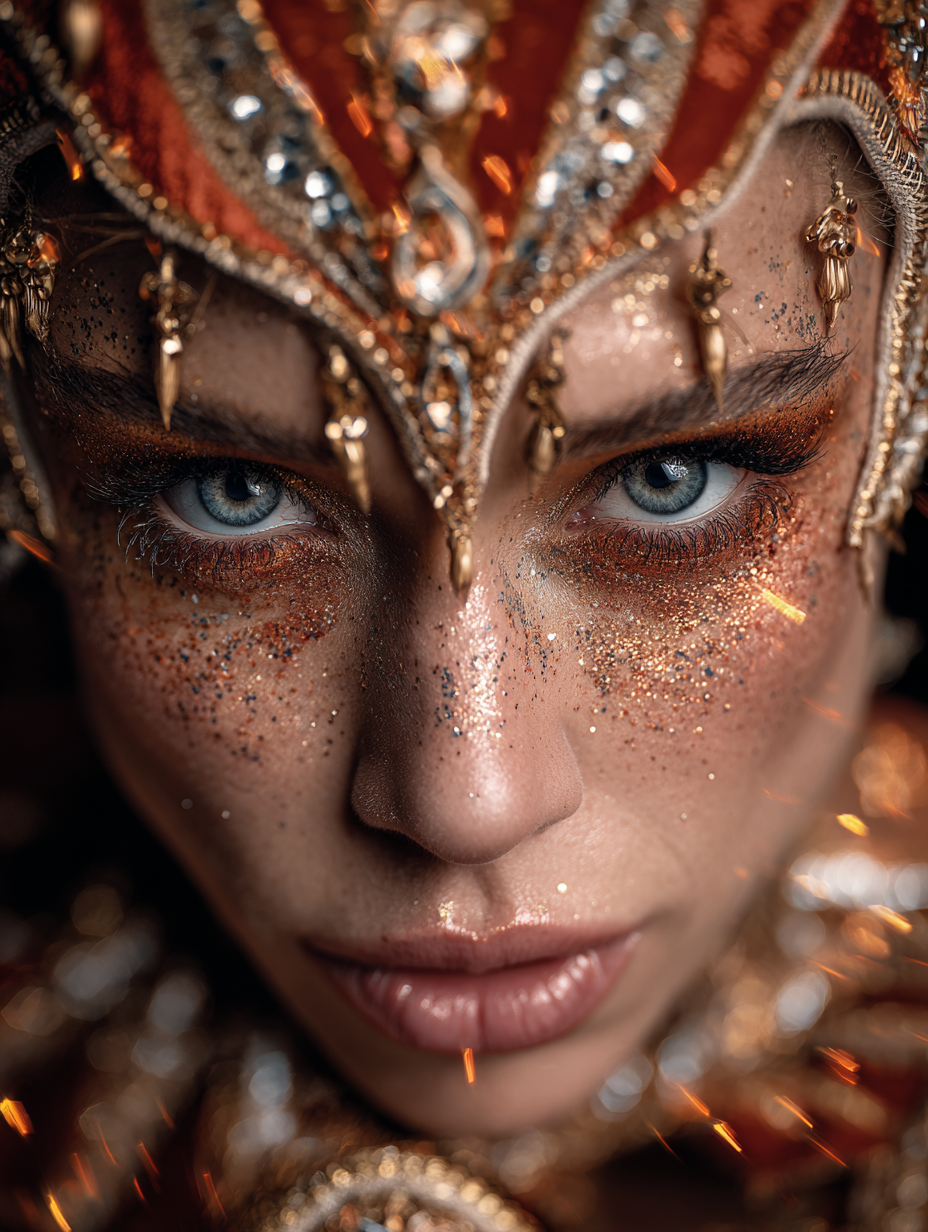 AI fashion портрет в цирковой эстетике, драматичный свет и золотой грим