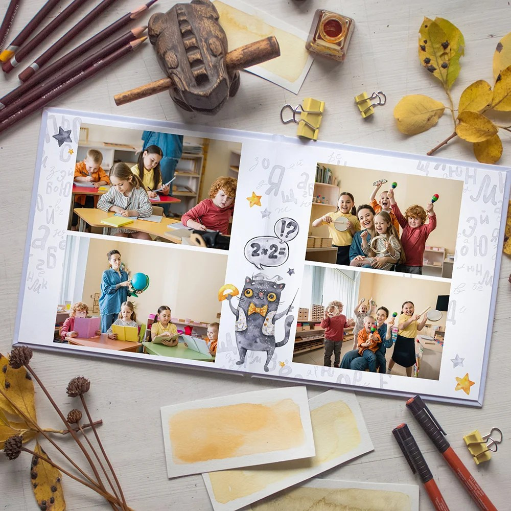 Дизайн «Кот учёный». Школьный фотограф в Челябинске. Выпускные фотоальбомы