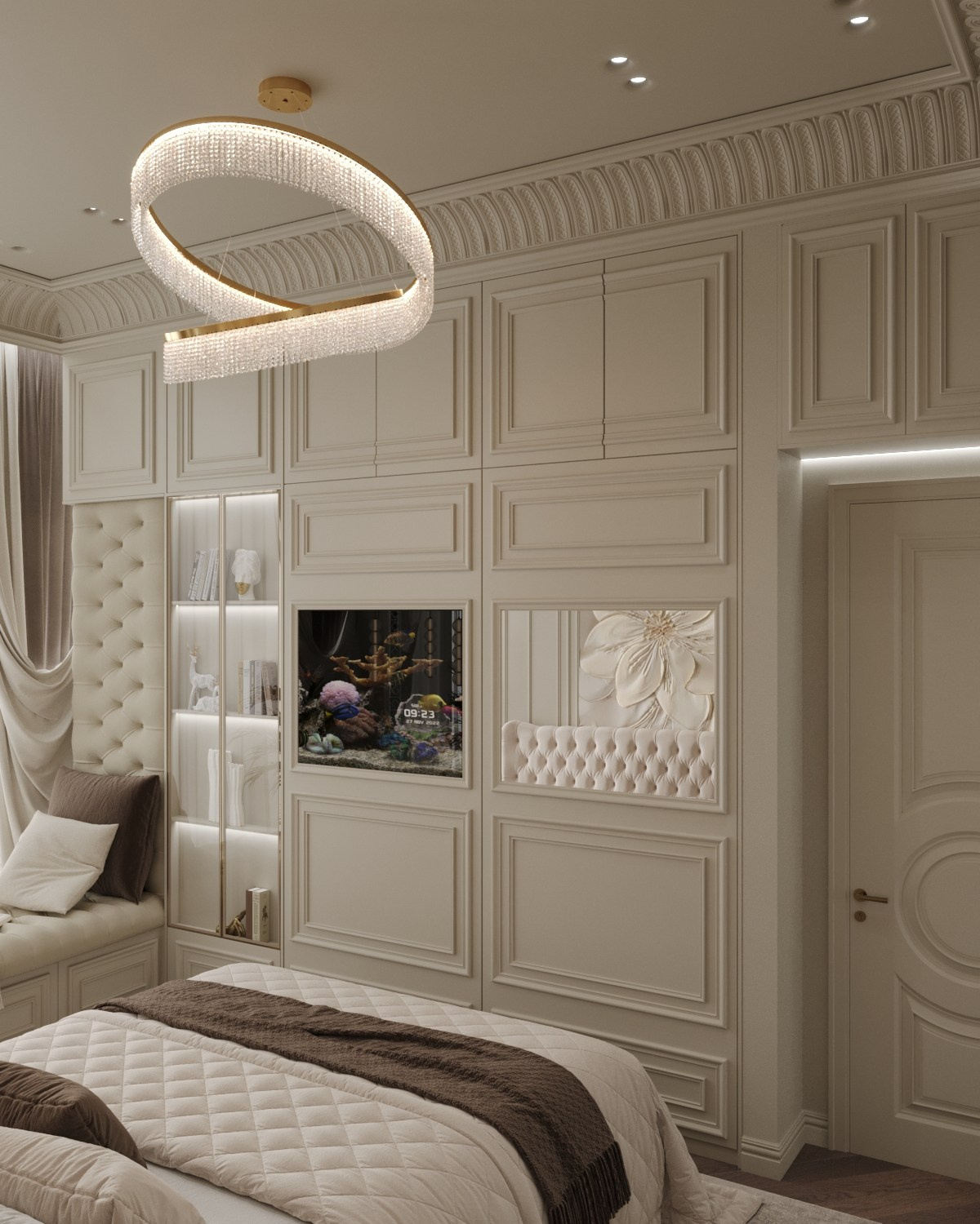 Спальня с встроенными шкафами, декоративными панелями и нишей с телевизором