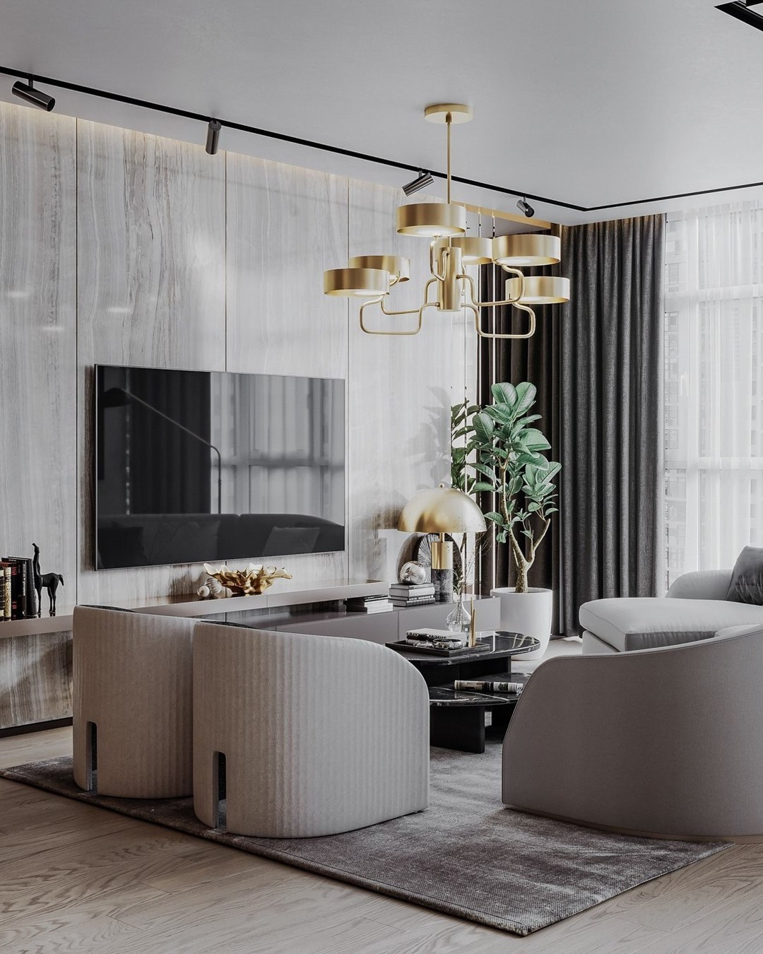 Просторная гостиная с телевизором, золотой люстрой и серыми креслами | Проект Валерии Котович