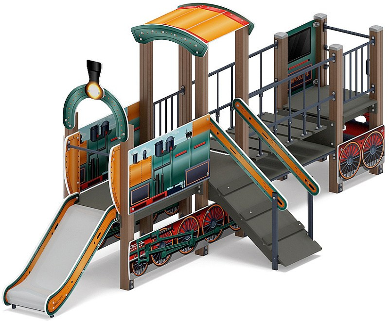 Паровозик (цветной) мини - ДИК 1.03.5.01-18 - Игровой комплекс H=750                                                                                                                         Габариты (ШхДхВ): 5560x1810x2320                                                                                                                                                                     Зона безопасности, мм: 9060х4810                                                                                                                                                                         Скат горки: H=750 (металлический скат)