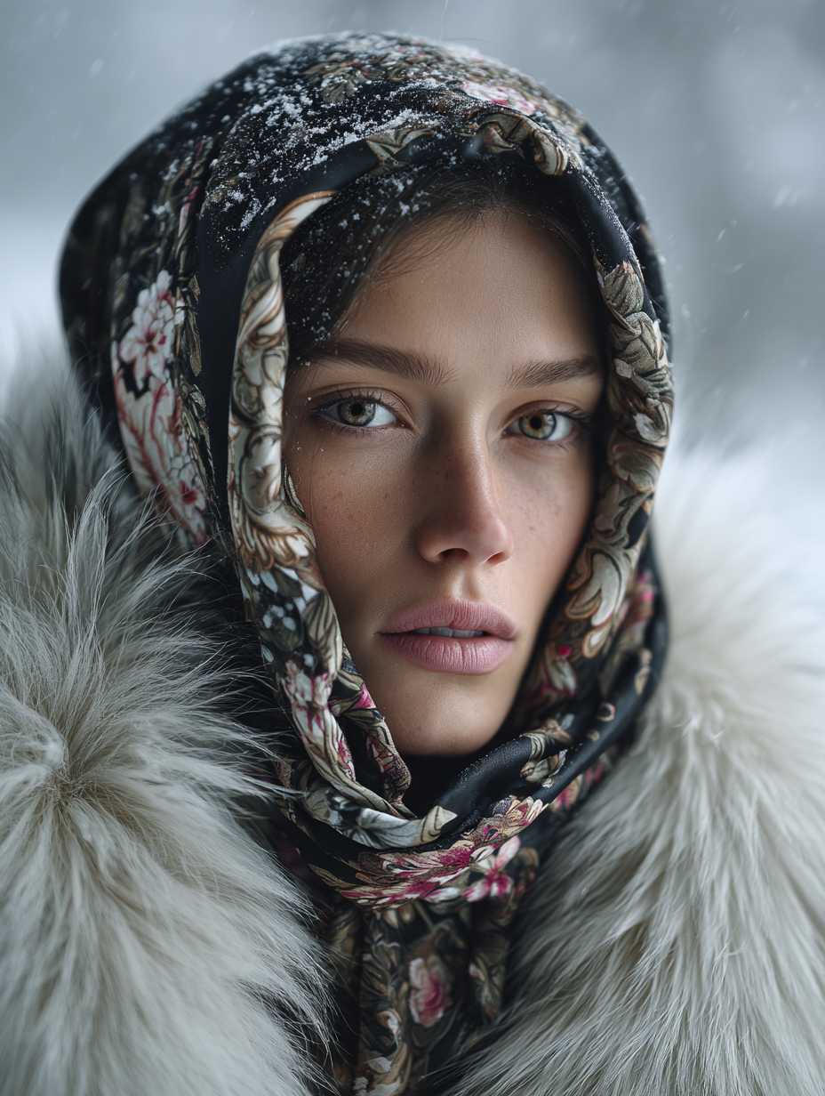 AI портрет в русской стилистике Масленицы, атмосферная зимняя съёмка