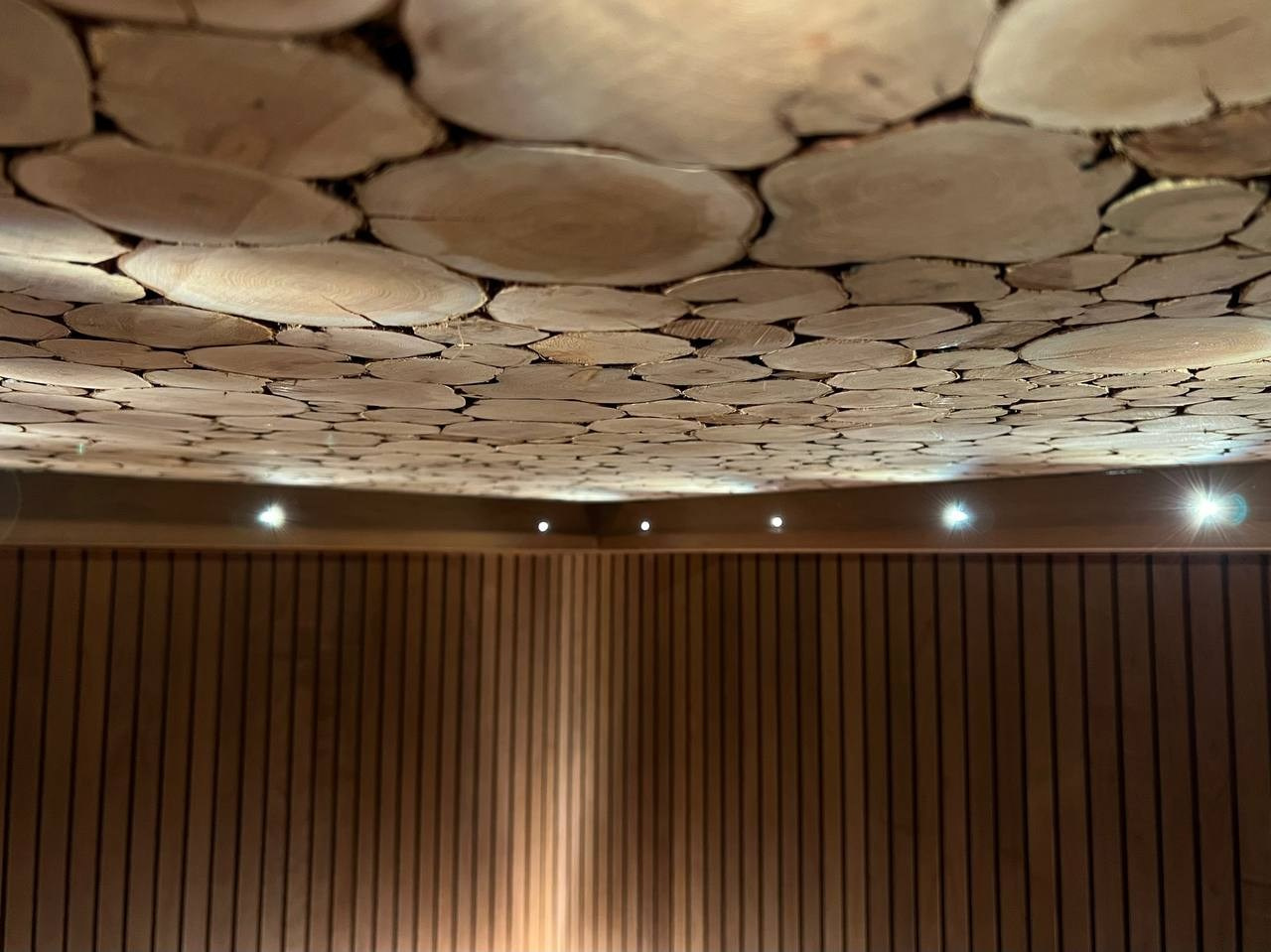 Компактная баня в КП Небо на базе Harvia Legend. Полностью выполнена из термоольхи, а в потолок интегрировано можжевеловое панно. SaunaTopMasters