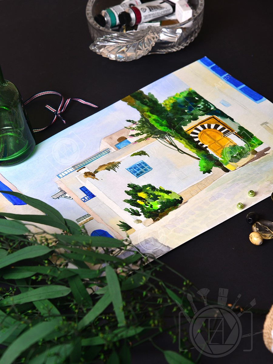 Тунисская улица в летний день. ФотоКисточка. Акварель. Арт-галерея картин Анастасии Дерий