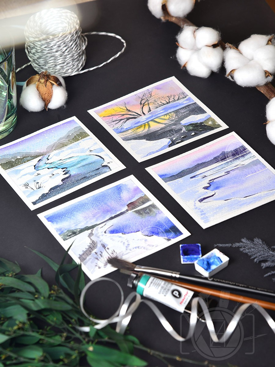 Зимние мини-пейзажи. Реки. ФотоКисточка. Акварель. Арт-галерея картин Анастасии Дерий