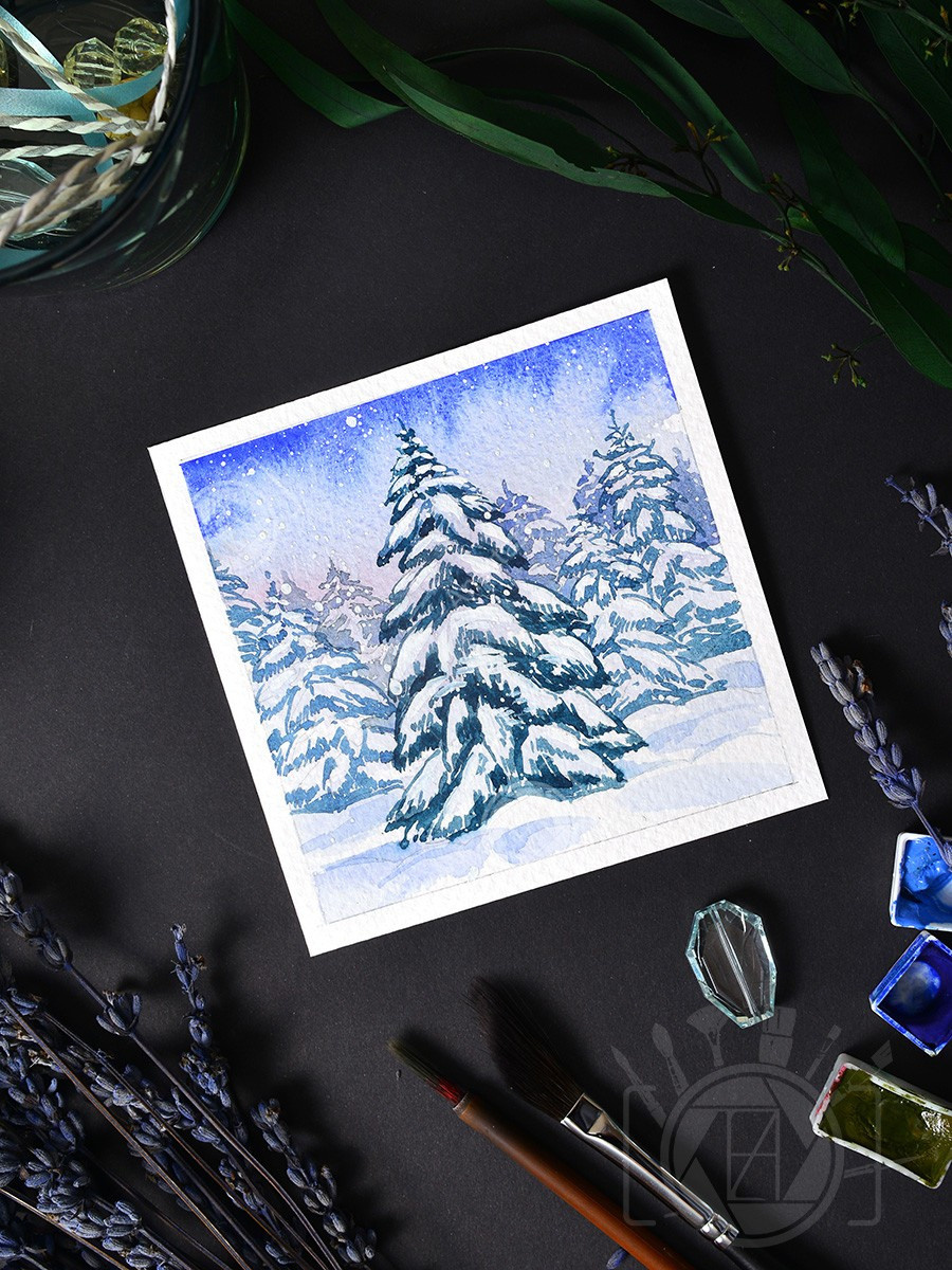 Зимние мини-пейзажи. Деревья. ФотоКисточка. Акварель. Арт-галерея картин Анастасии Дерий