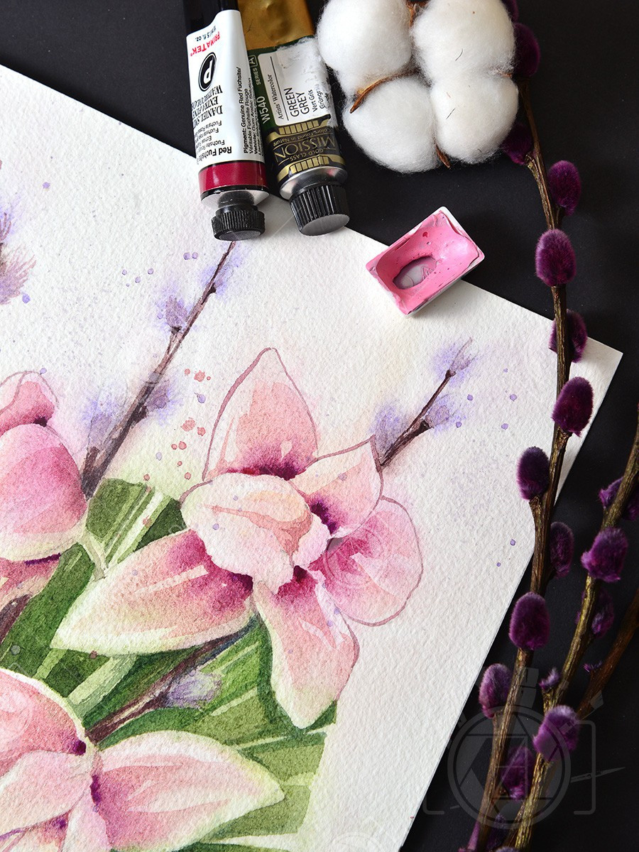 Букет с орхидеями. ФотоКисточка. Акварель. Арт-галерея картин Анастасии Дерий