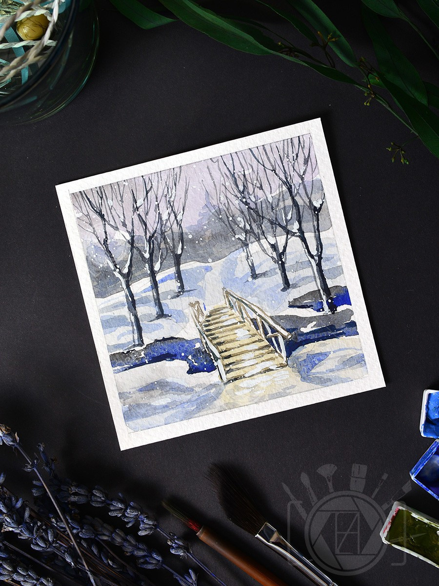 Зимние мини-пейзажи. Деревья. ФотоКисточка. Акварель. Арт-галерея картин Анастасии Дерий