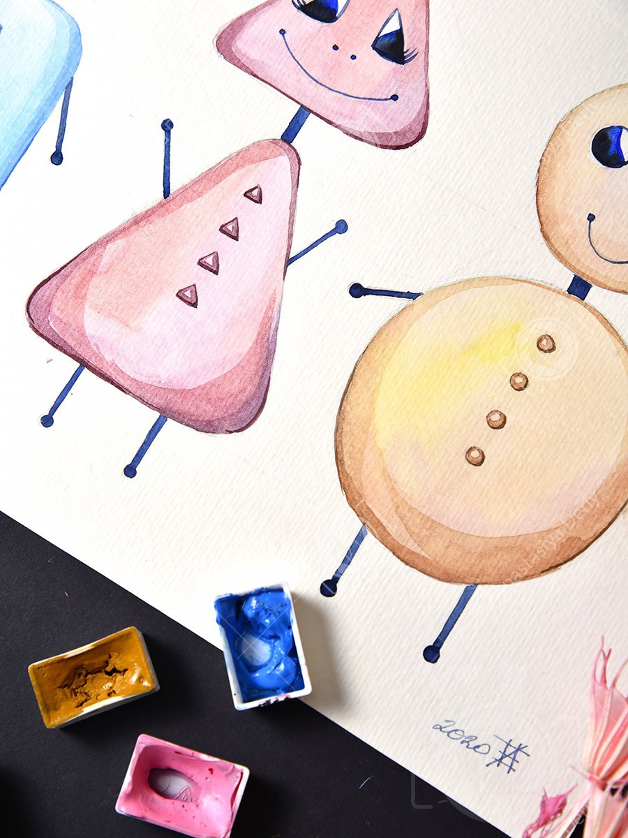 Три робота. ФотоКисточка. Акварель. Арт-галерея картин Анастасии Дерий