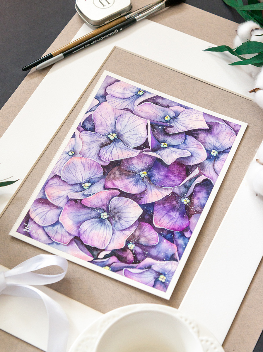 Сиреневая гортензия. ФотоКисточка. Акварель. Арт-галерея картин Анастасии Дерий