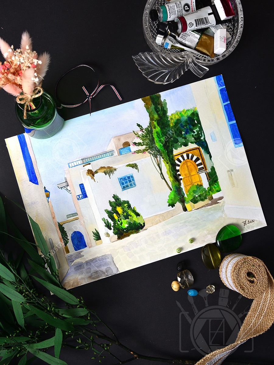 Тунисская улица в летний день. ФотоКисточка. Акварель. Арт-галерея картин Анастасии Дерий