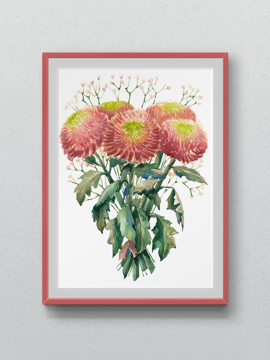 Букет розовых хризантем. ФотоКисточка. Акварель. Арт-галерея картин Анастасии Дерий