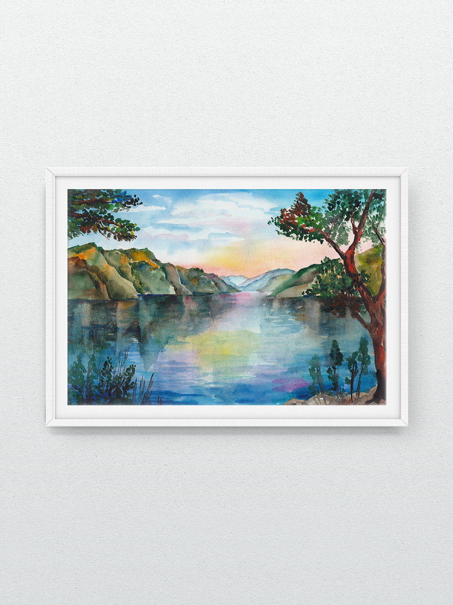 Телецкое озеро на закате. ФотоКисточка. Акварель. Арт-галерея картин Анастасии Дерий