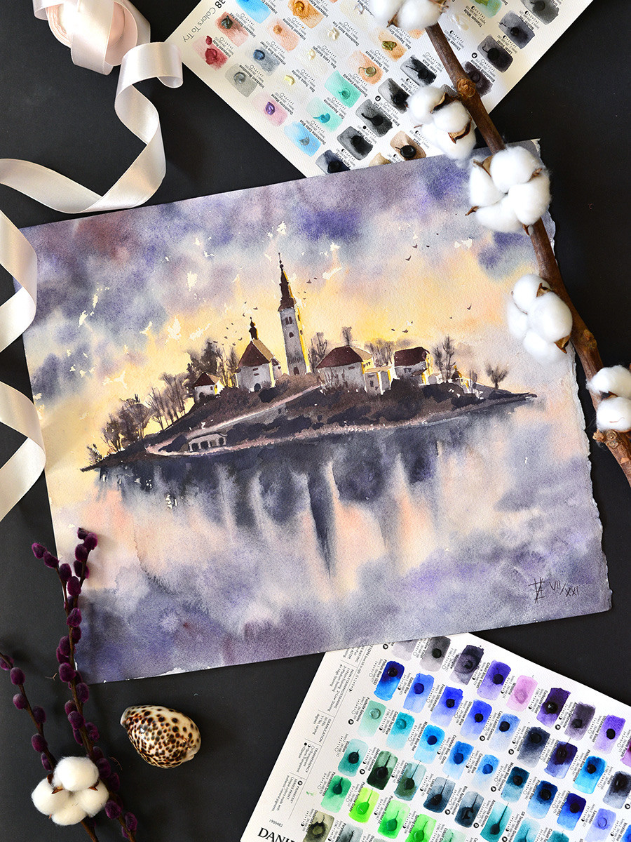 Загадочный остров с замком. ФотоКисточка. Акварель. Арт-галерея картин Анастасии Дерий