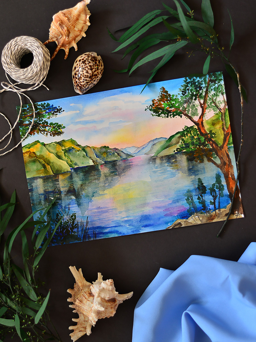 Телецкое озеро на закате. ФотоКисточка. Акварель. Арт-галерея картин Анастасии Дерий