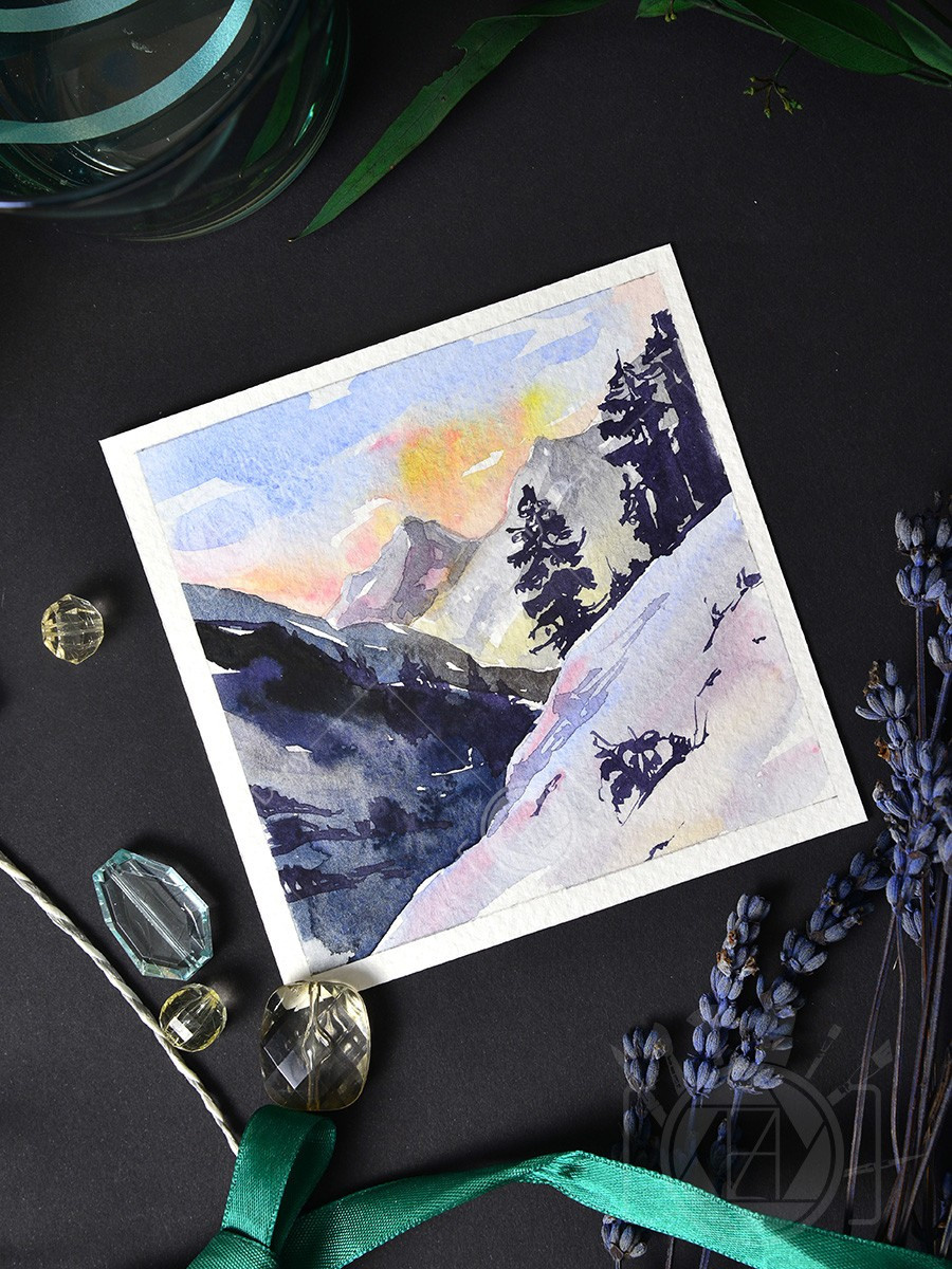 Зимние мини-пейзажи. Горы. ФотоКисточка. Акварель. Арт-галерея картин Анастасии Дерий