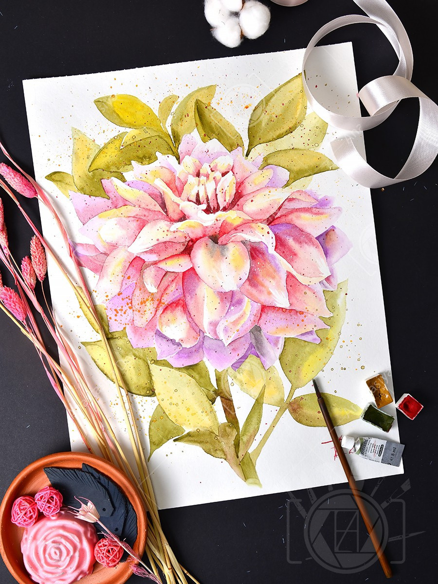 Георгин. ФотоКисточка. Акварель. Арт-галерея картин Анастасии Дерий