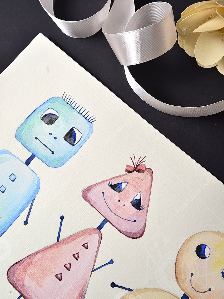 Три робота. ФотоКисточка. Акварель. Арт-галерея картин Анастасии Дерий